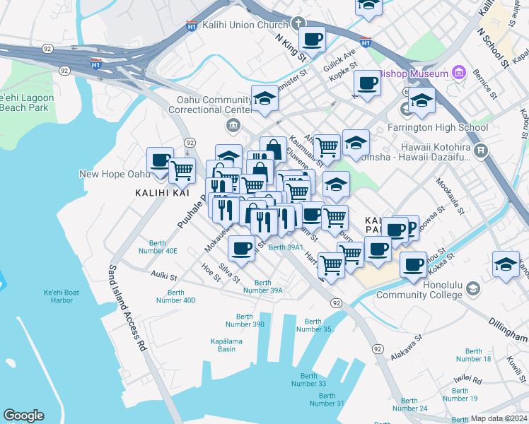 map of restaurants, bars, coffee shops, grocery stores, and more near 1803 Hart Street in Honolulu