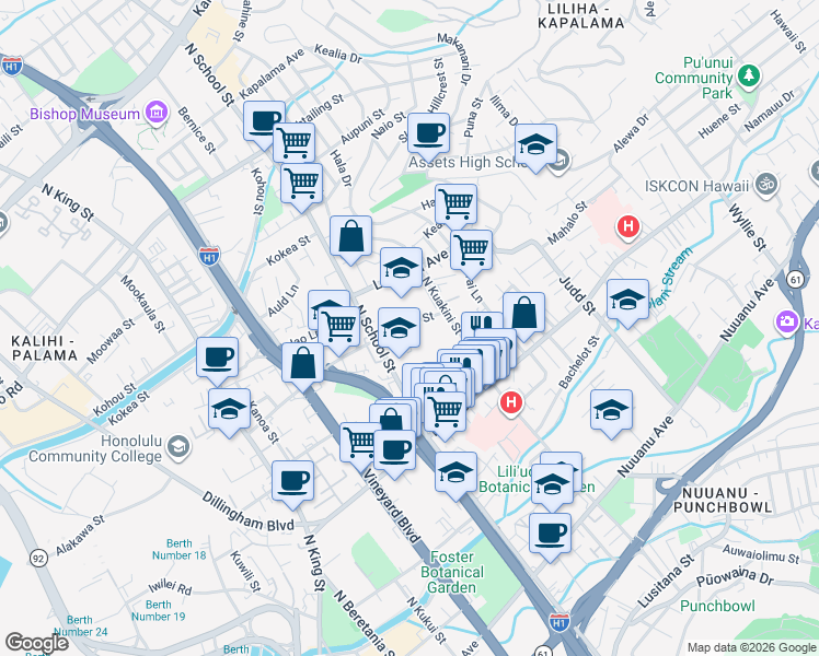 map of restaurants, bars, coffee shops, grocery stores, and more near 1657 Alaneo Street in Honolulu