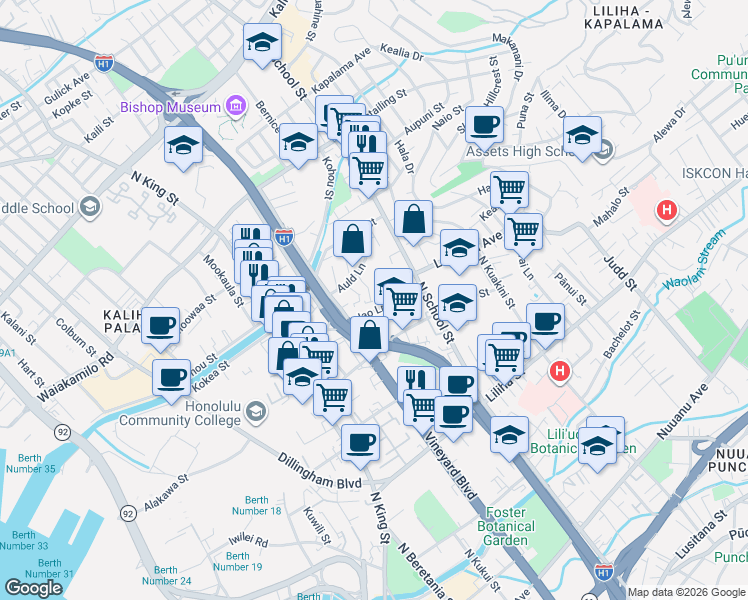 map of restaurants, bars, coffee shops, grocery stores, and more near 1512 Iao Lane in Honolulu