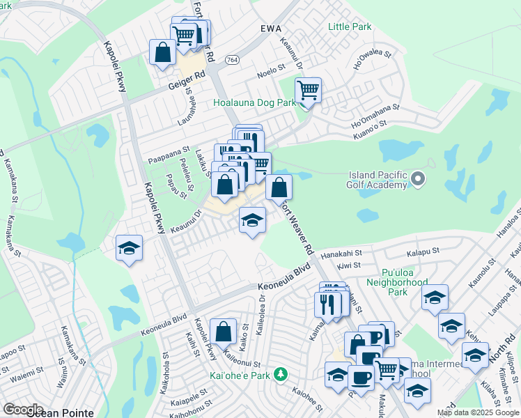 map of restaurants, bars, coffee shops, grocery stores, and more near Unnamed Road in Ewa Beach