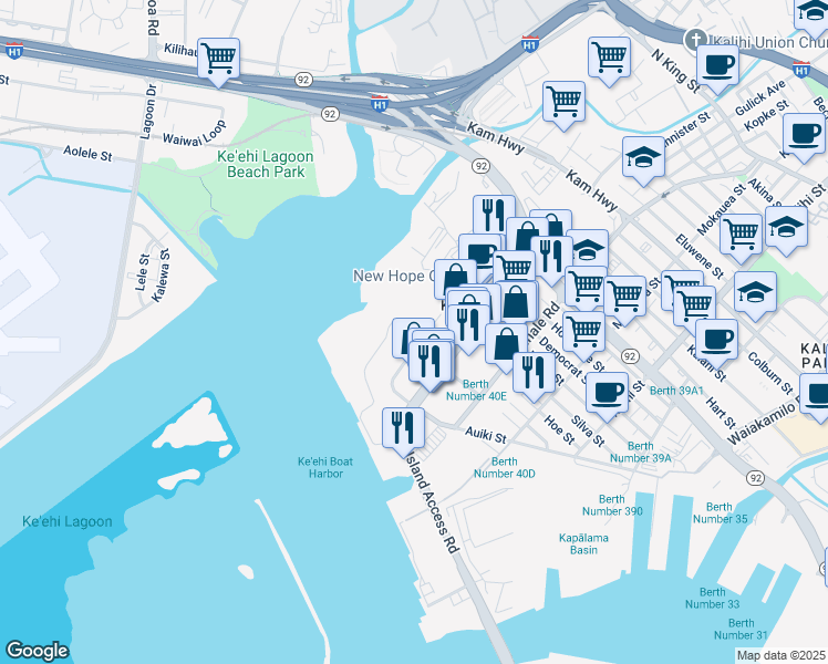 map of restaurants, bars, coffee shops, grocery stores, and more near 2264 Pahounui Drive in Honolulu