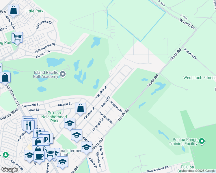 map of restaurants, bars, coffee shops, grocery stores, and more near 91-1153 Hanaloa Street in Ewa Beach