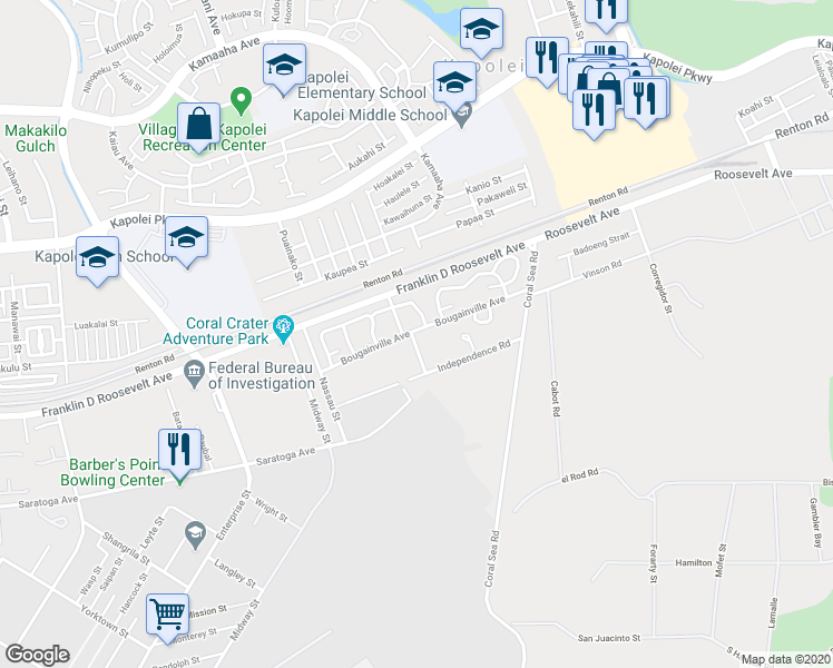map of restaurants, bars, coffee shops, grocery stores, and more near 4053 Bougainville Place in Kapolei
