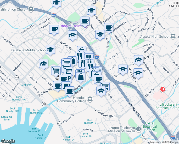map of restaurants, bars, coffee shops, grocery stores, and more near 1251 Mookaula Street in Honolulu