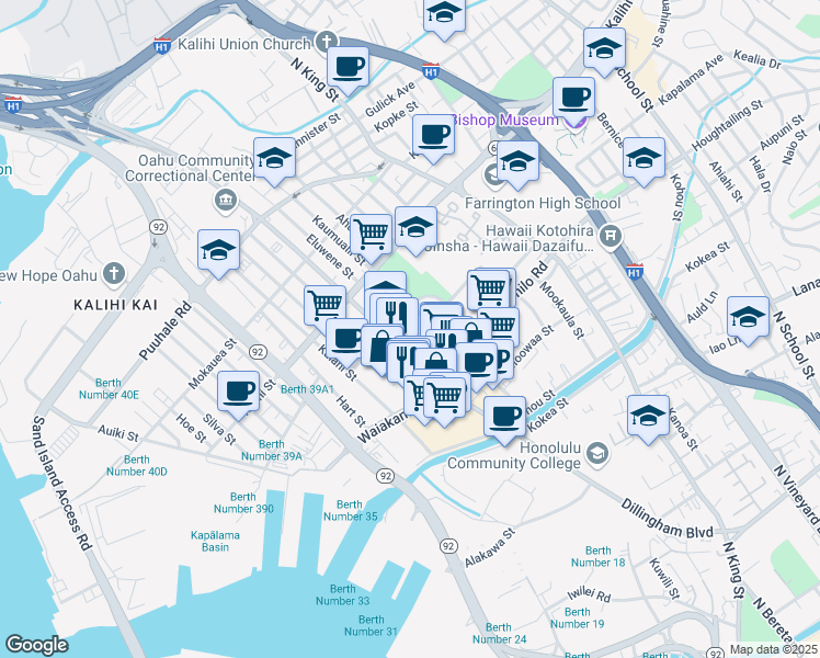 map of restaurants, bars, coffee shops, grocery stores, and more near 1470 Dillingham Boulevard in Honolulu