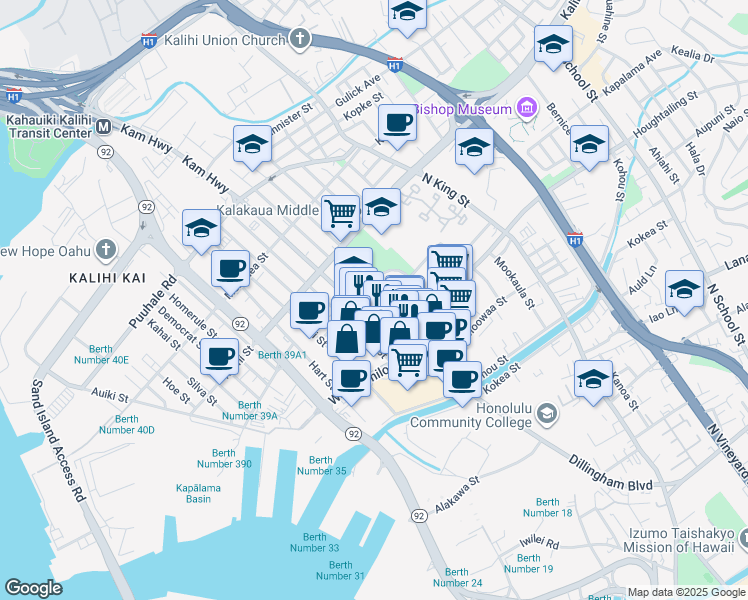 map of restaurants, bars, coffee shops, grocery stores, and more near 1470 Dillingham Boulevard in Honolulu