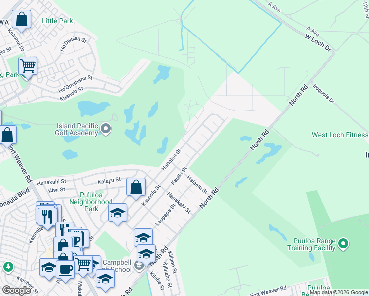 map of restaurants, bars, coffee shops, grocery stores, and more near 91-1165 Hanaloa Street in Ewa Beach