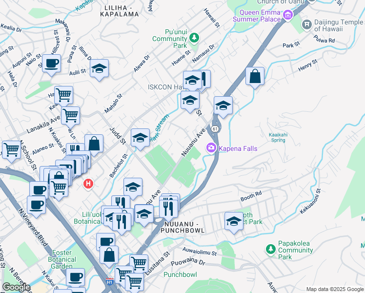 map of restaurants, bars, coffee shops, grocery stores, and more near 2248 Nuuanu Avenue in Honolulu