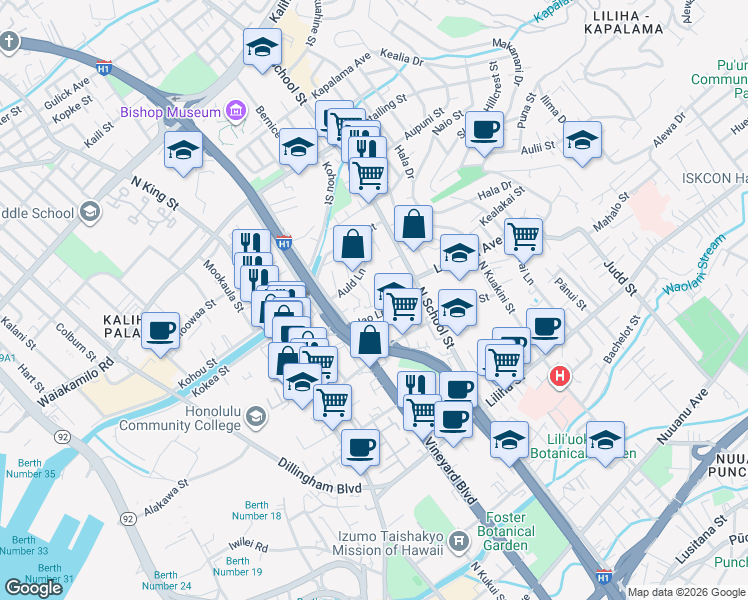map of restaurants, bars, coffee shops, grocery stores, and more near 1512 Iao Lane in Honolulu