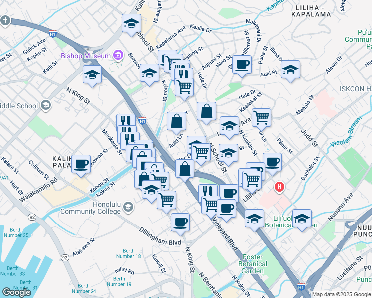 map of restaurants, bars, coffee shops, grocery stores, and more near 1035 Wong Lane in Honolulu