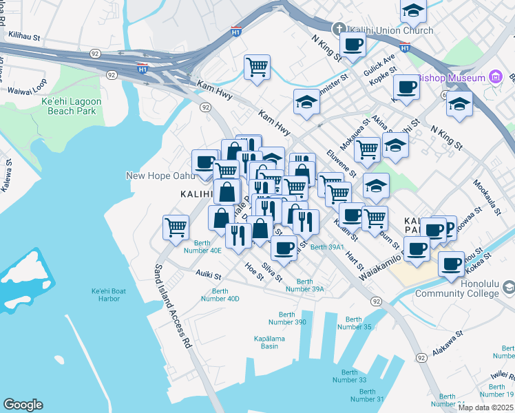 map of restaurants, bars, coffee shops, grocery stores, and more near 1933 Homerule Street in Honolulu
