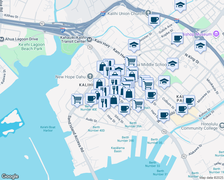 map of restaurants, bars, coffee shops, grocery stores, and more near 1933 Homerule Street in Honolulu