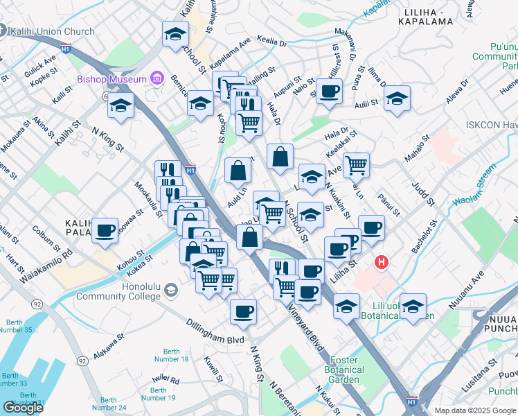 map of restaurants, bars, coffee shops, grocery stores, and more near 1512 Iao Lane in Honolulu