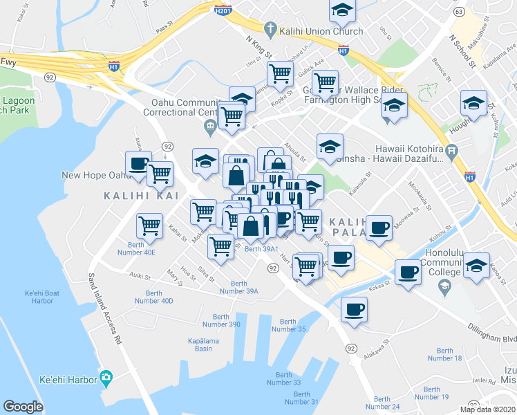 map of restaurants, bars, coffee shops, grocery stores, and more near in Honolulu
