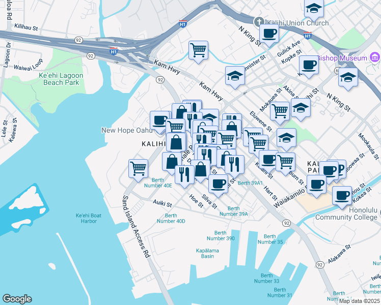 map of restaurants, bars, coffee shops, grocery stores, and more near 1933 Homerule Street in Honolulu