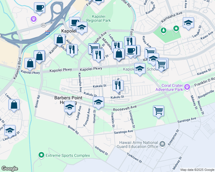 map of restaurants, bars, coffee shops, grocery stores, and more near 458 Manawai Street in Kapolei