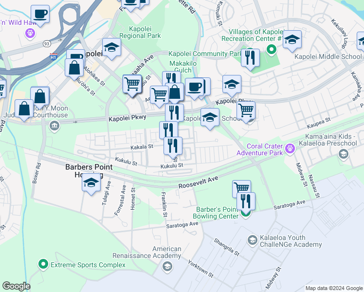 map of restaurants, bars, coffee shops, grocery stores, and more near 91-1143 Kakala Street in Kapolei