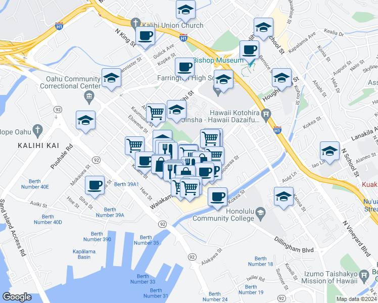 map of restaurants, bars, coffee shops, grocery stores, and more near 1470 Dillingham Boulevard in Honolulu