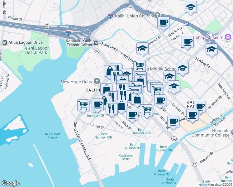 map of restaurants, bars, coffee shops, grocery stores, and more near 1933 Homerule Street in Honolulu