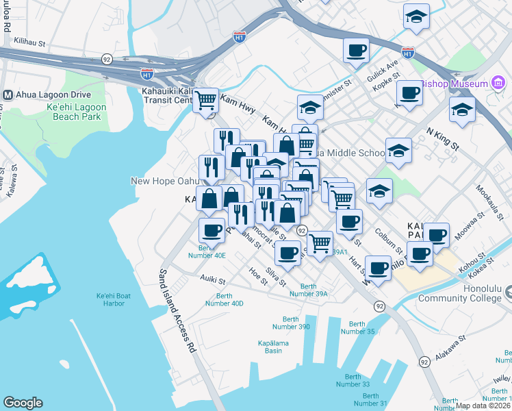 map of restaurants, bars, coffee shops, grocery stores, and more near 2175 Puuhale Road in Honolulu