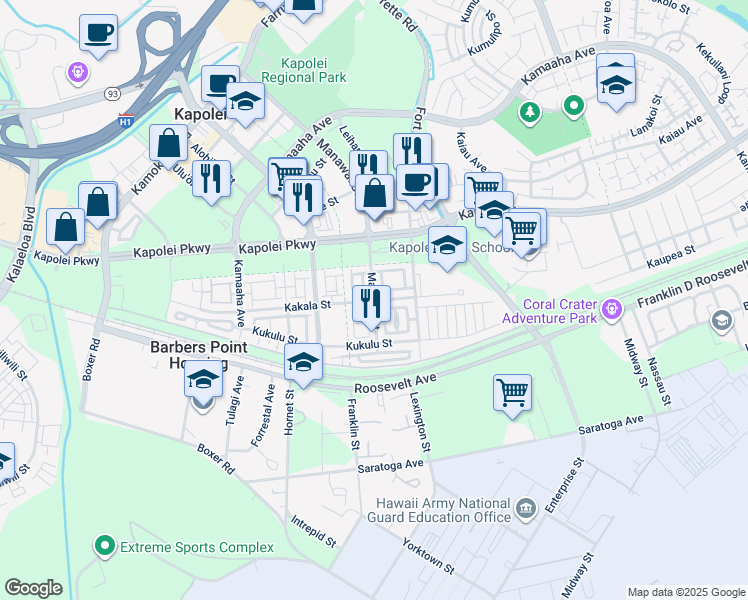 map of restaurants, bars, coffee shops, grocery stores, and more near 599 Manawai Street in Kapolei