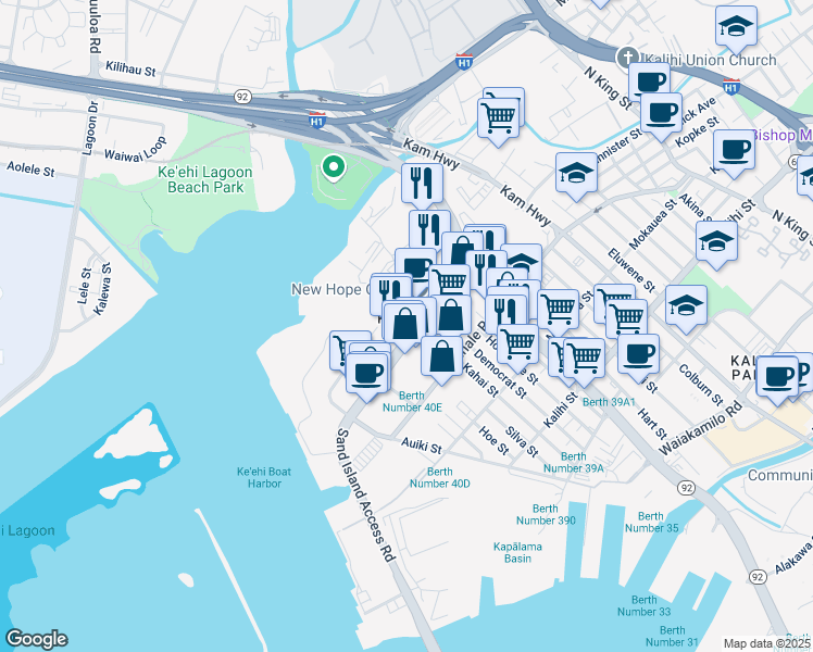 map of restaurants, bars, coffee shops, grocery stores, and more near 290 Sand Island Access Road in Honolulu