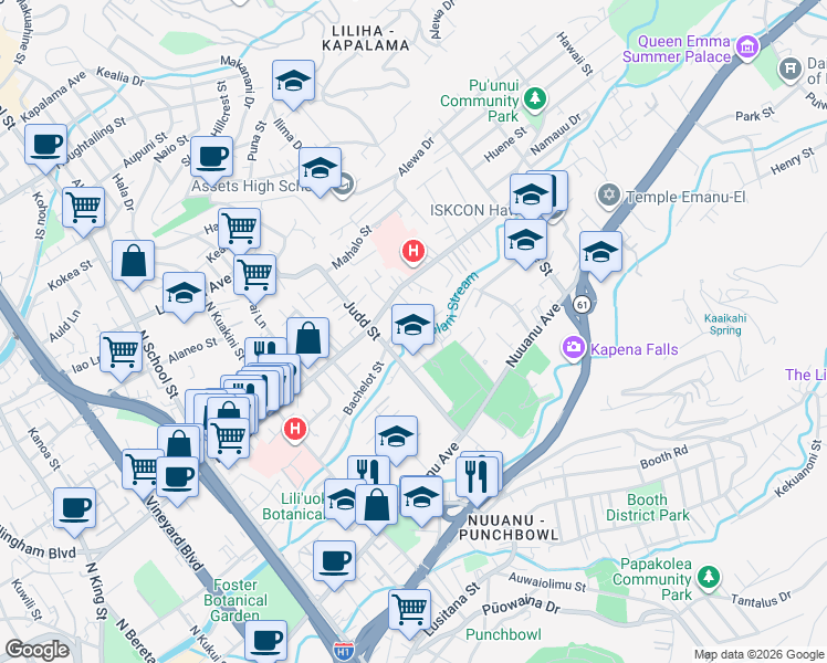 map of restaurants, bars, coffee shops, grocery stores, and more near 2145 Bachelot Street in Honolulu