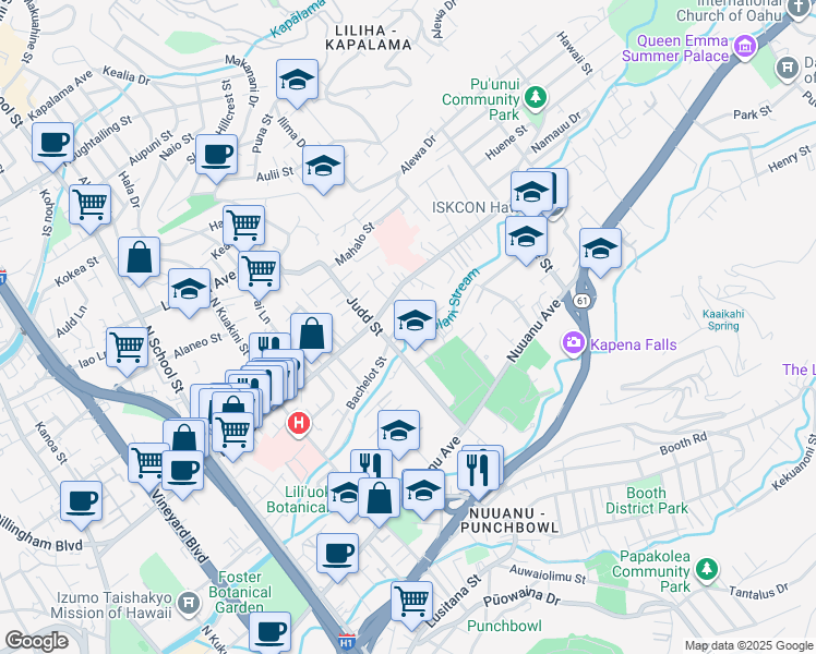 map of restaurants, bars, coffee shops, grocery stores, and more near 2145 Bachelot Street in Honolulu