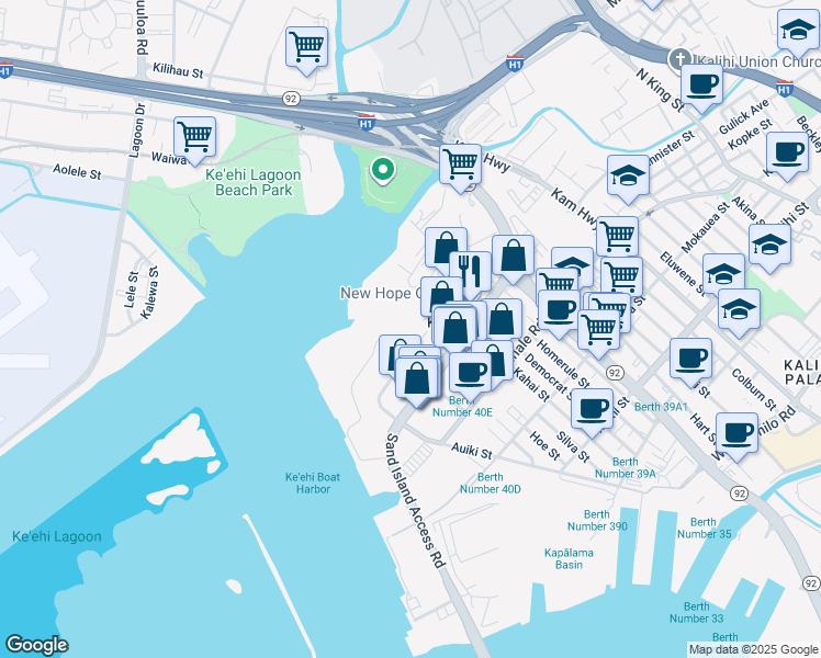 map of restaurants, bars, coffee shops, grocery stores, and more near 50 Sand Island Access Rd in Honolulu