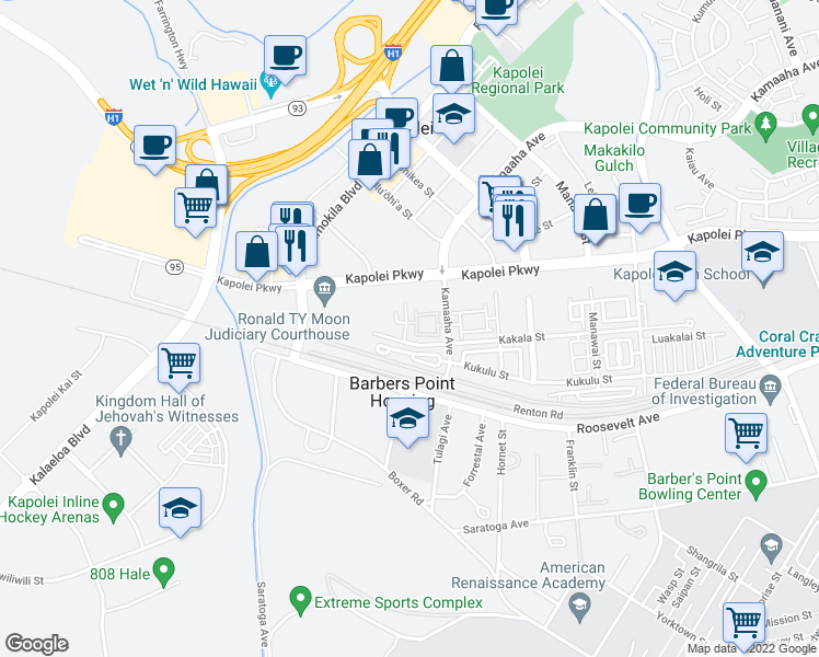map of restaurants, bars, coffee shops, grocery stores, and more near 550 Kamaaha Avenue in Kapolei