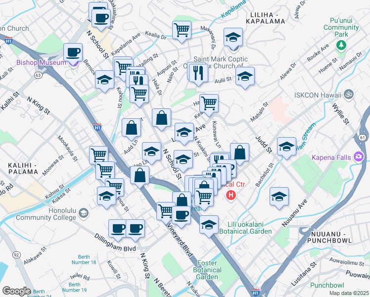 map of restaurants, bars, coffee shops, grocery stores, and more near 717 North Kuakini Street in Honolulu