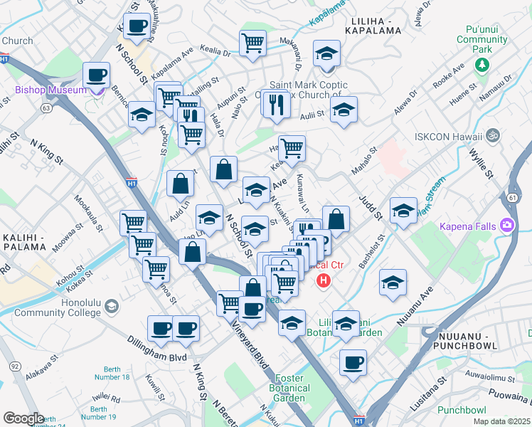 map of restaurants, bars, coffee shops, grocery stores, and more near 717 North Kuakini Street in Honolulu