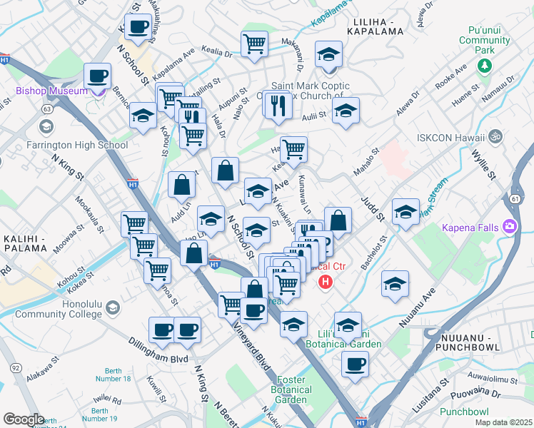 map of restaurants, bars, coffee shops, grocery stores, and more near 1701 Lanakila Avenue in Honolulu