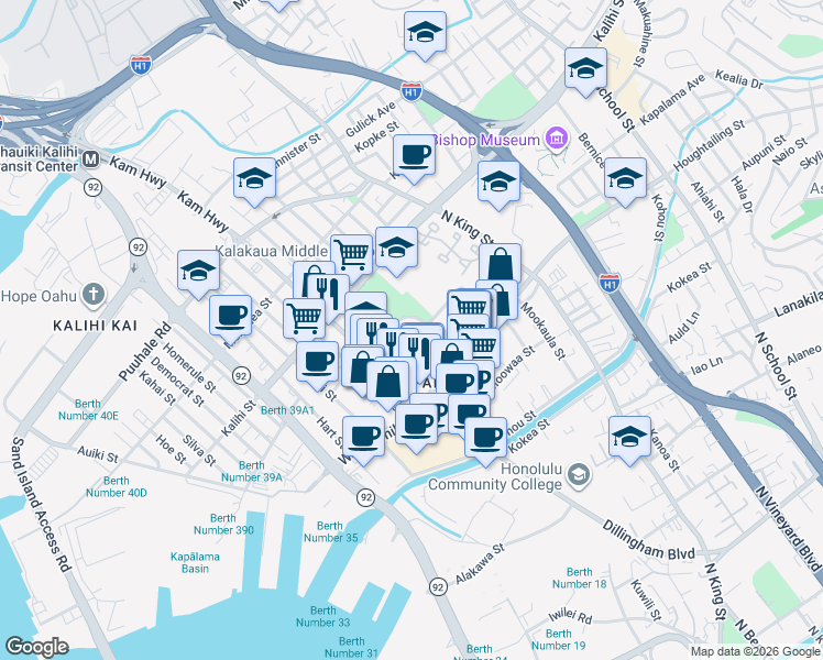 map of restaurants, bars, coffee shops, grocery stores, and more near 720 McNeill Street in Honolulu