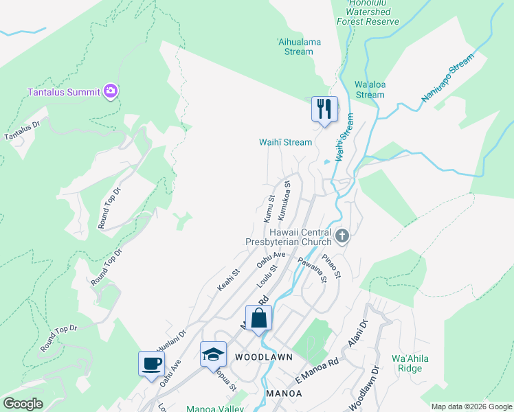 map of restaurants, bars, coffee shops, grocery stores, and more near 3560 Kumu Place in Honolulu