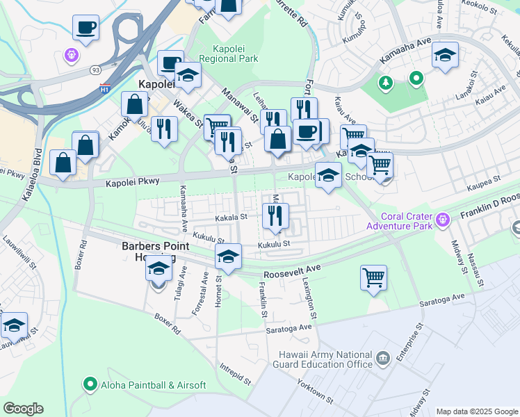 map of restaurants, bars, coffee shops, grocery stores, and more near 1080 Kakala Street in Kapolei