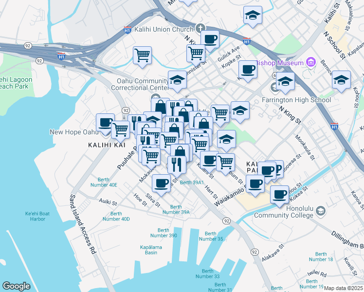 map of restaurants, bars, coffee shops, grocery stores, and more near 414 Mokauea Street in Honolulu