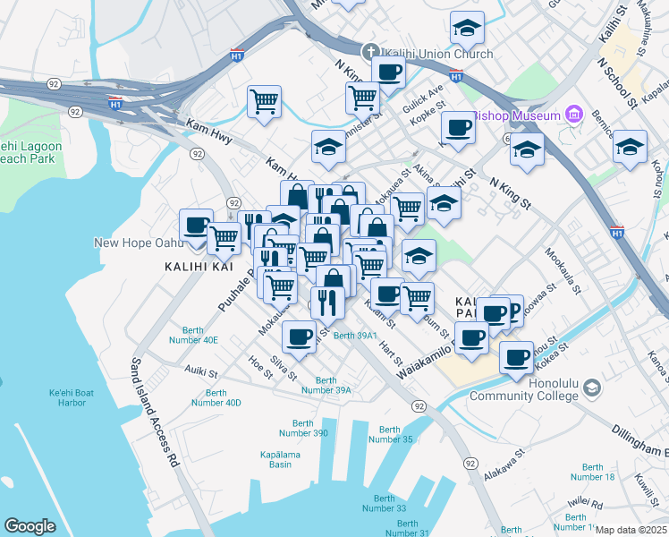 map of restaurants, bars, coffee shops, grocery stores, and more near 414 Mokauea Street in Honolulu