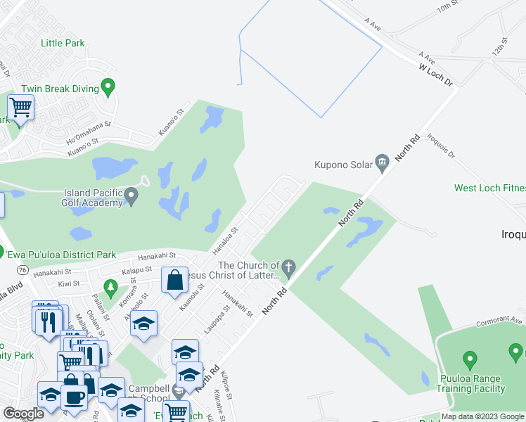 map of restaurants, bars, coffee shops, grocery stores, and more near 91-867 Hainoa Place in Ewa Beach