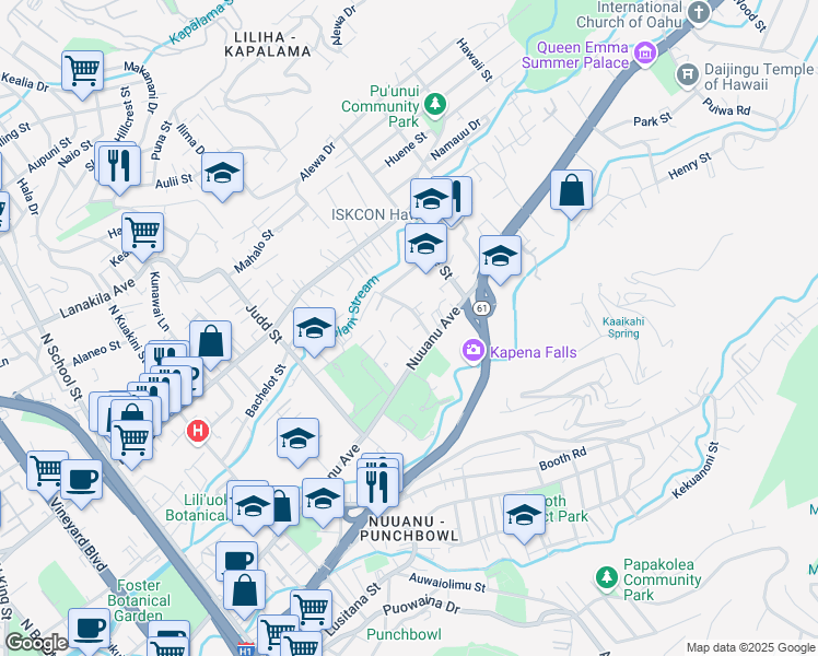 map of restaurants, bars, coffee shops, grocery stores, and more near 21 Kawananakoa Place in Honolulu