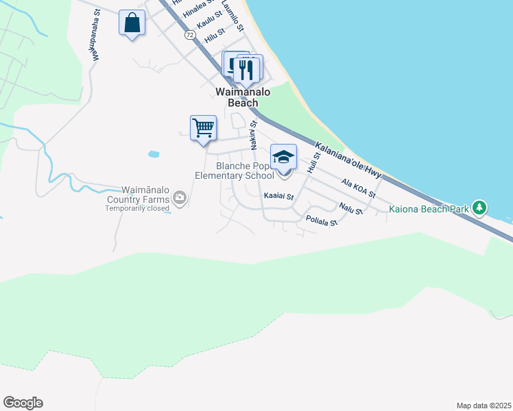 map of restaurants, bars, coffee shops, grocery stores, and more near 41-266 Nakini Street in Waimanalo