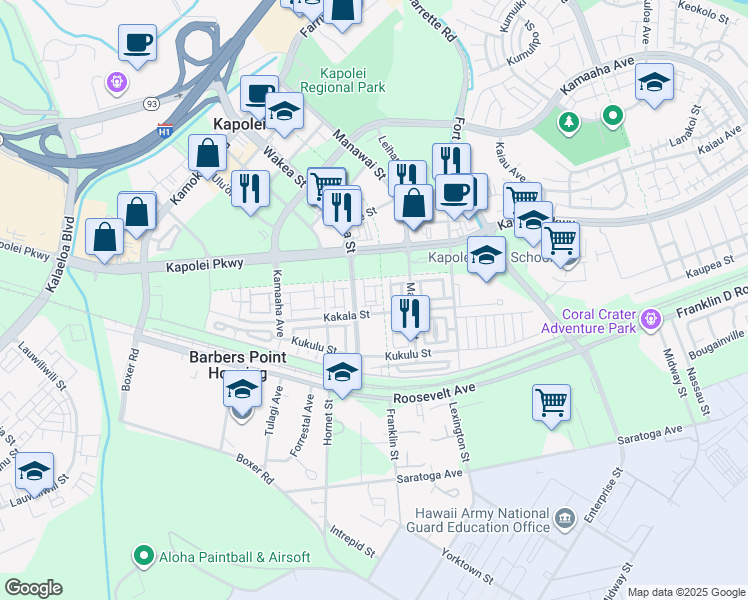 map of restaurants, bars, coffee shops, grocery stores, and more near 1080 Kakala Street in Kapolei