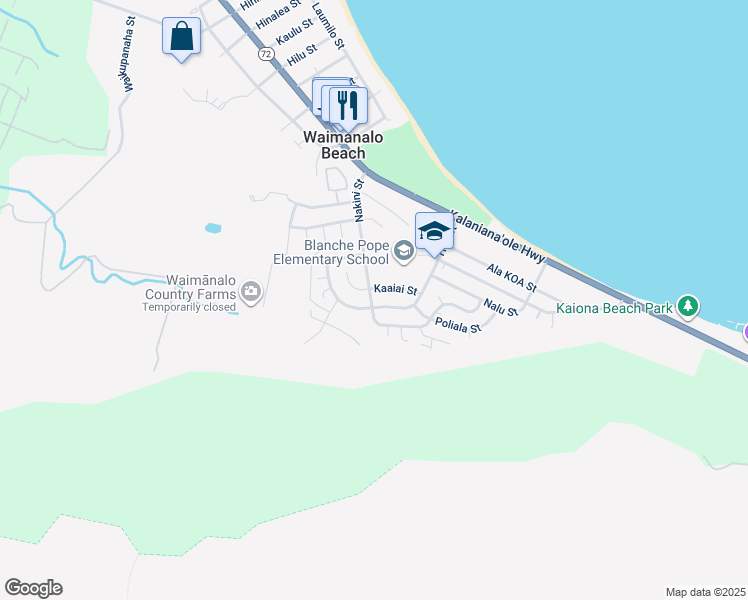 map of restaurants, bars, coffee shops, grocery stores, and more near 41-266 Nakini Street in Waimānalo