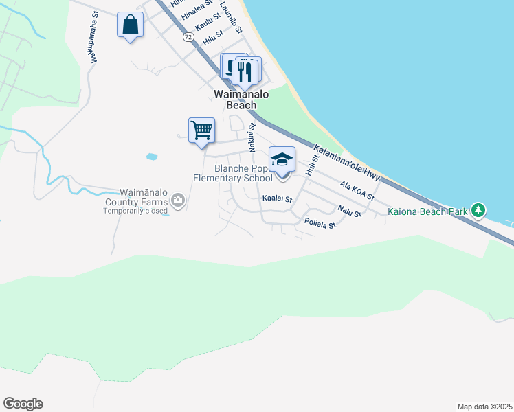 map of restaurants, bars, coffee shops, grocery stores, and more near 41-266 Nakini Street in Waimanalo