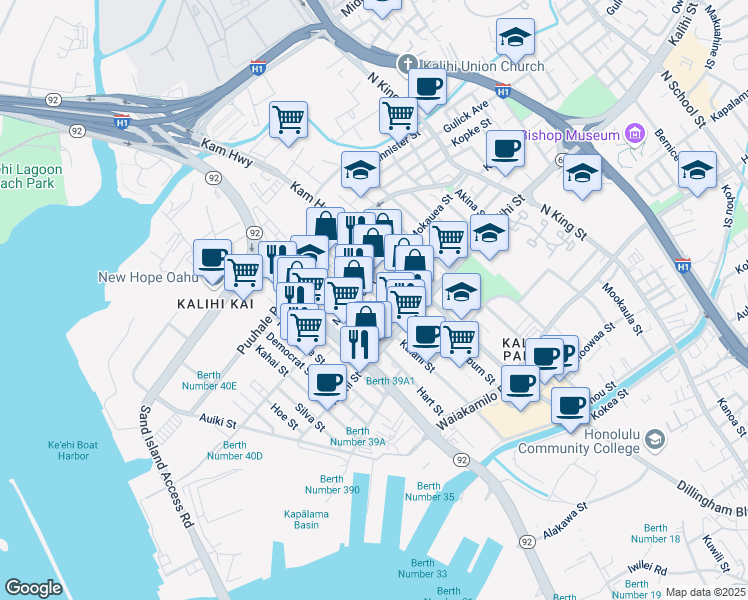 map of restaurants, bars, coffee shops, grocery stores, and more near 414 Mokauea Street in Honolulu