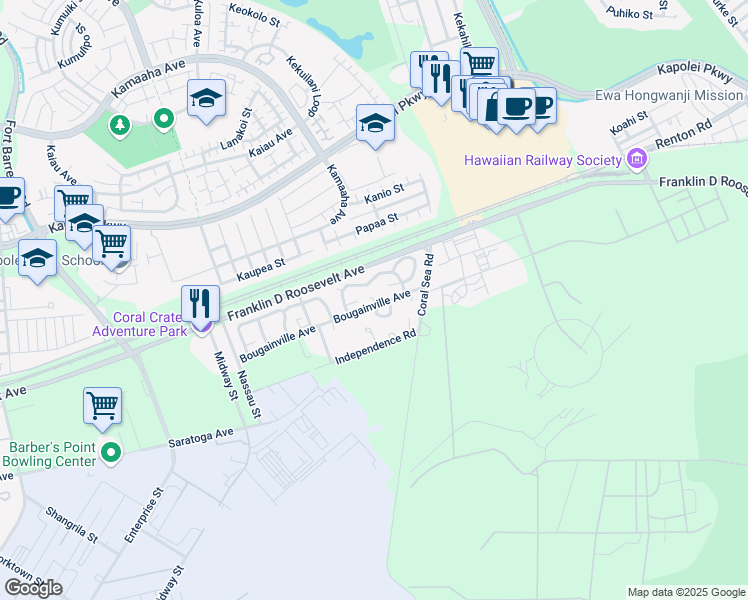 map of restaurants, bars, coffee shops, grocery stores, and more near 4285 Independence Road in Kapolei