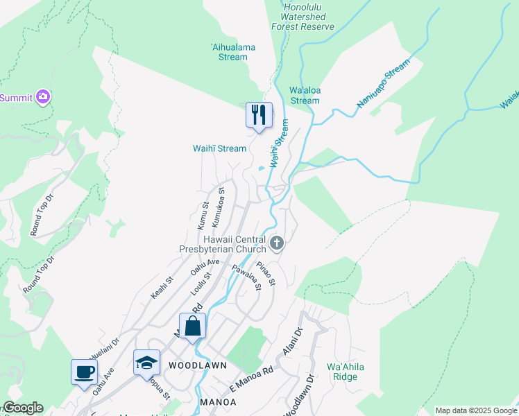 map of restaurants, bars, coffee shops, grocery stores, and more near 3515 Waakaua Street in Honolulu