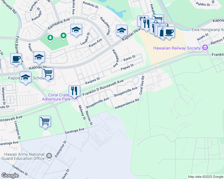 map of restaurants, bars, coffee shops, grocery stores, and more near 4053 Bougainville Place in Kapolei