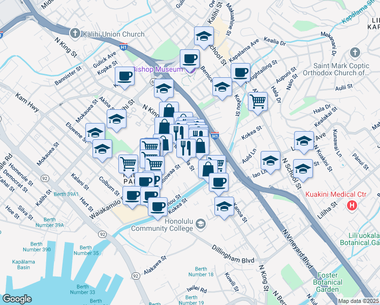 map of restaurants, bars, coffee shops, grocery stores, and more near 1271 North King Street in Honolulu