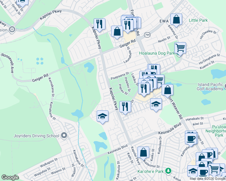 map of restaurants, bars, coffee shops, grocery stores, and more near 91-1128 Hualewa Place in Ewa Beach